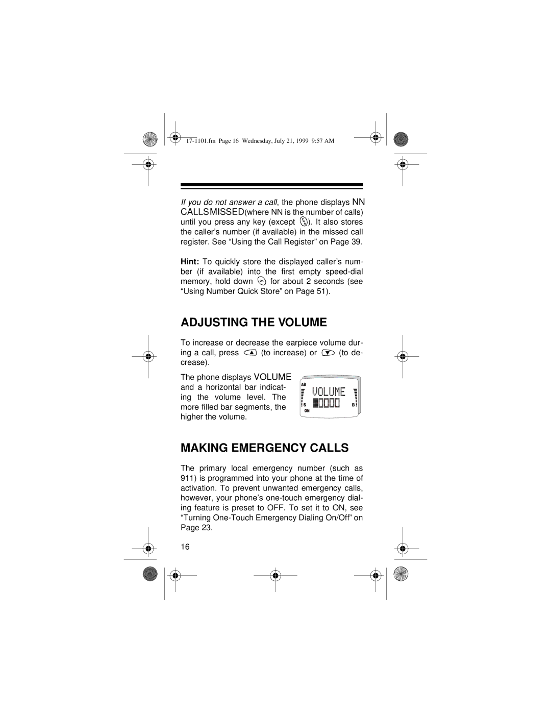 Radio Shack CT-400 owner manual Adjusting the Volume, Making Emergency Calls 