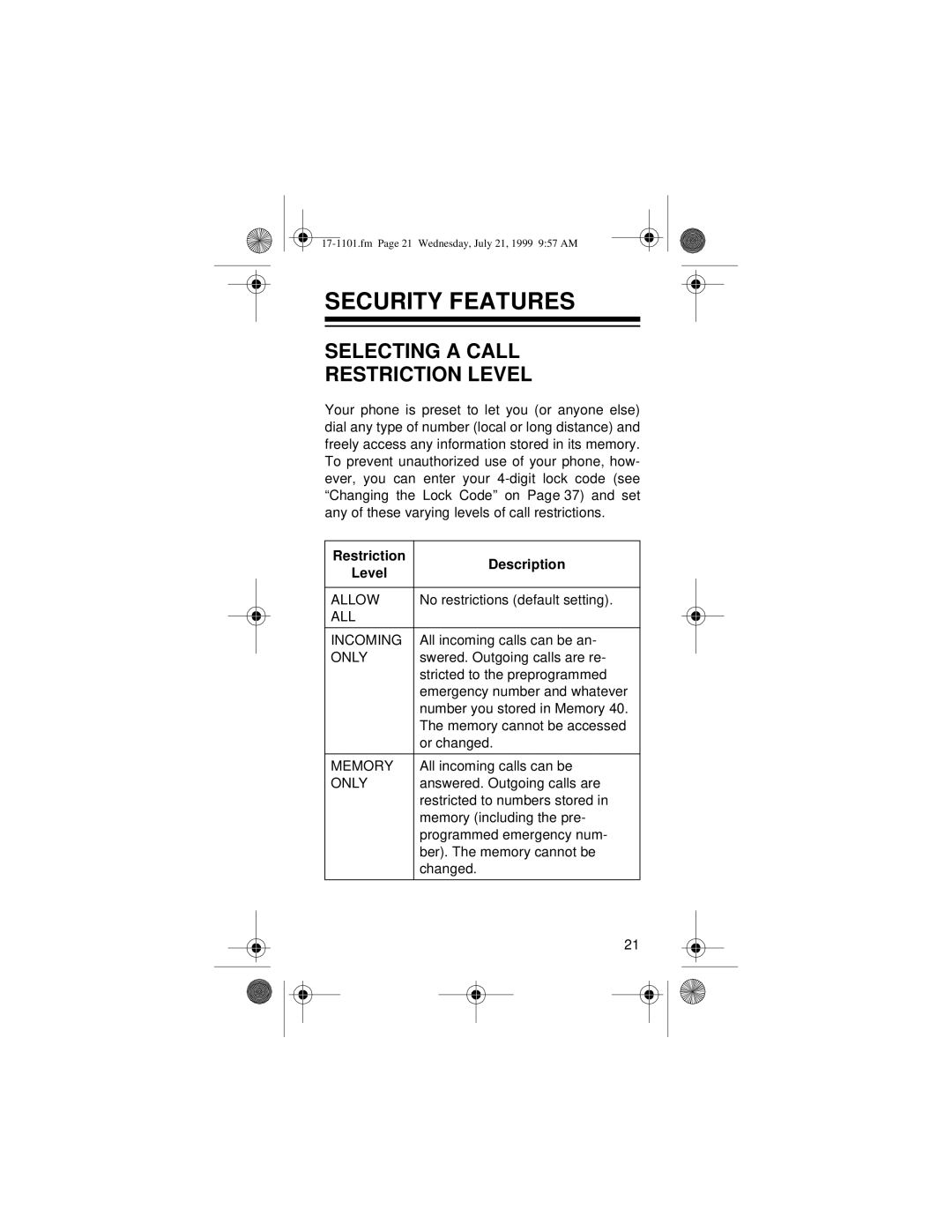 Radio Shack CT-400 owner manual Security Features, Selecting a Call Restriction Level, Restriction Description Level 