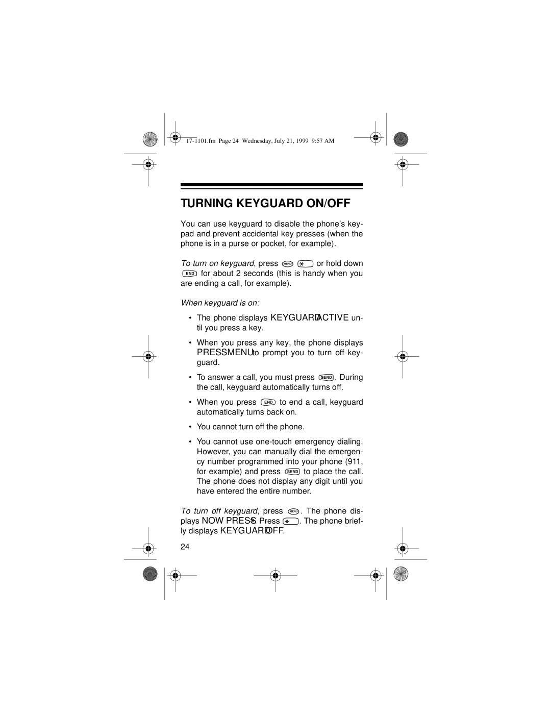 Radio Shack CT-400 owner manual Turning Keyguard ON/OFF, When keyguard is on 