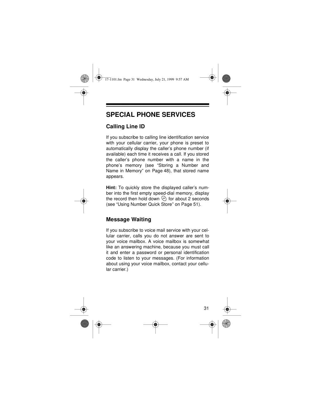 Radio Shack CT-400 owner manual Special Phone Services, Calling Line ID, Message Waiting 