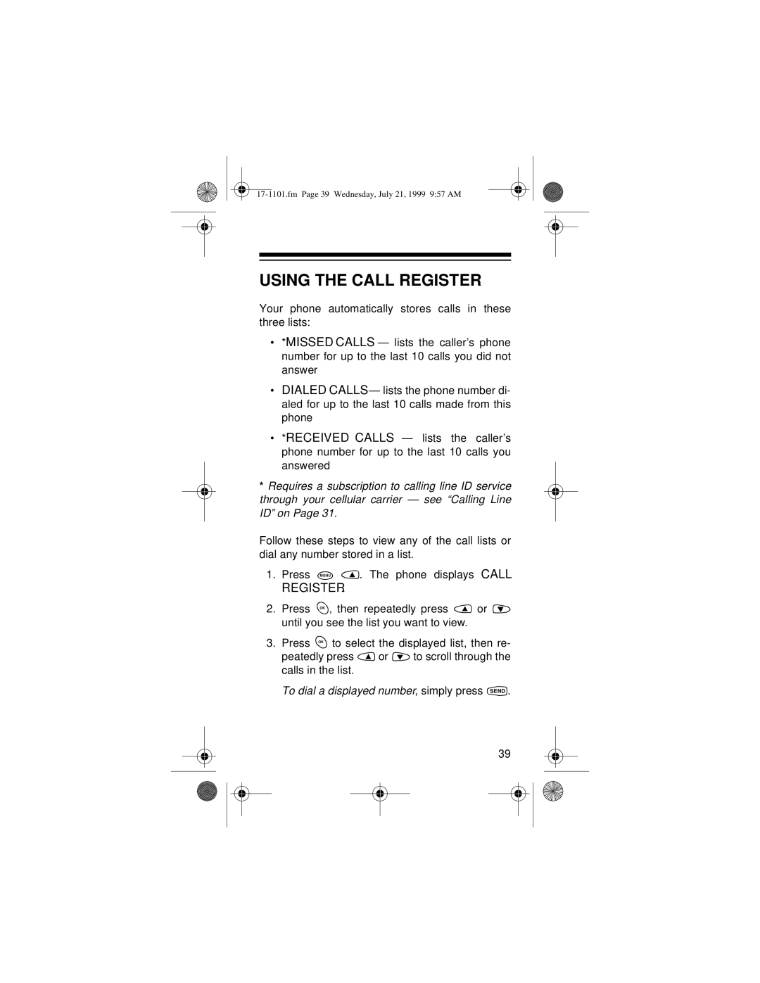 Radio Shack CT-400 owner manual Using the Call Register 