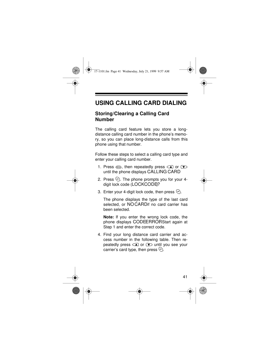 Radio Shack CT-400 owner manual Using Calling Card Dialing, Storing/Clearing a Calling Card Number 