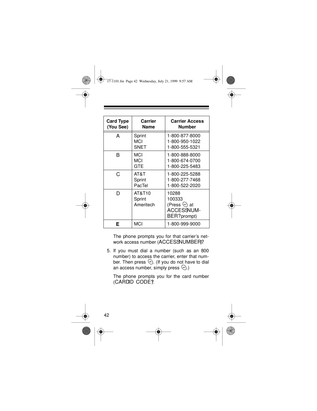 Radio Shack CT-400 owner manual Access NUM, Card Type Carrier Carrier Access You See Name Number 