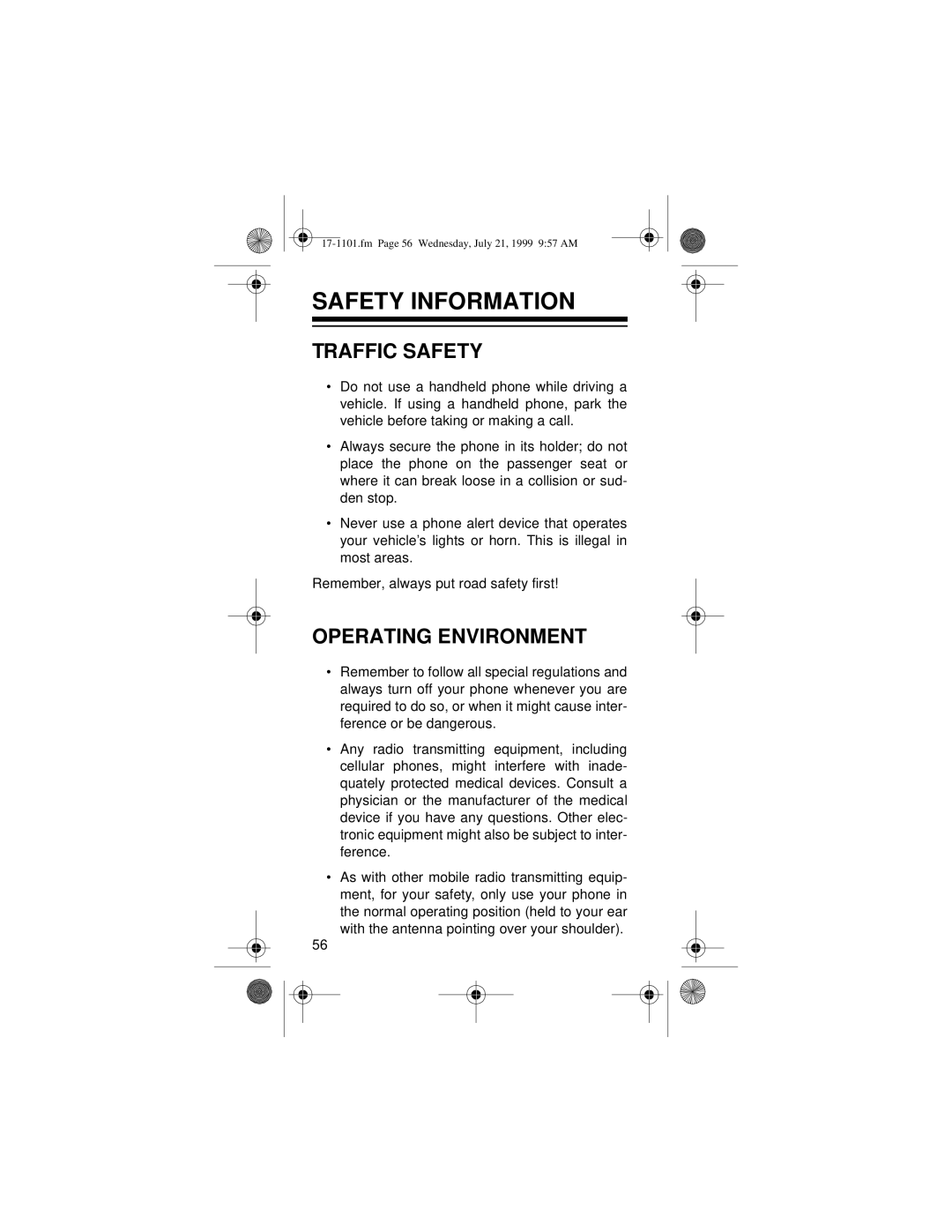 Radio Shack CT-400 owner manual Safety Information, Traffic Safety, Operating Environment 