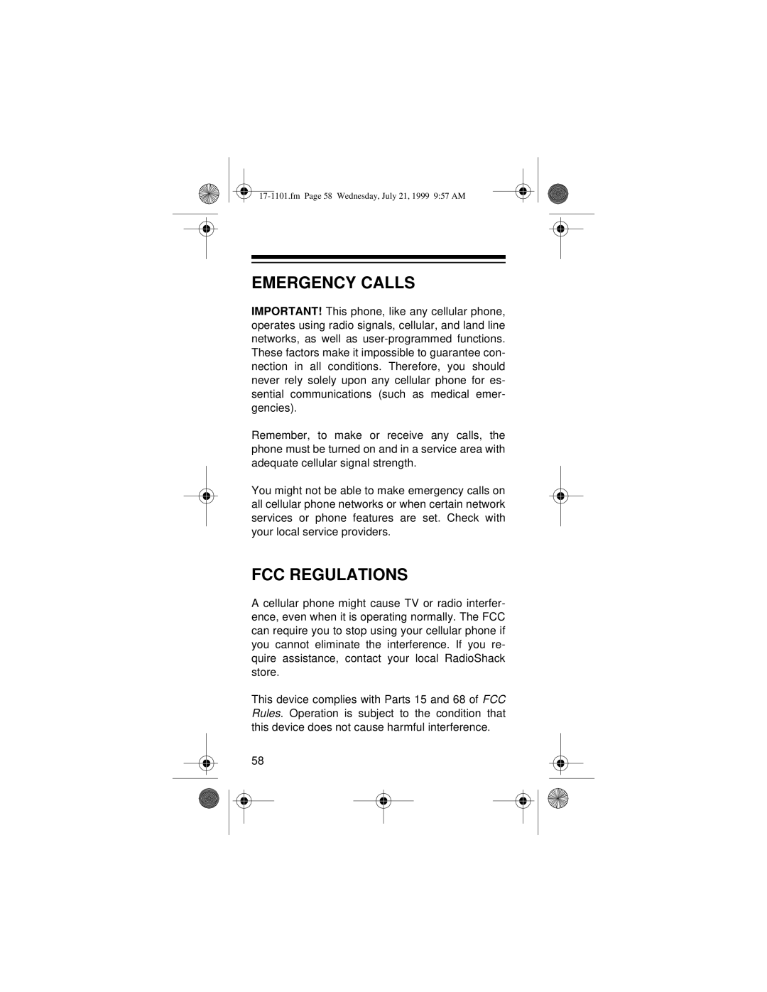 Radio Shack CT-400 owner manual Emergency Calls, FCC Regulations 