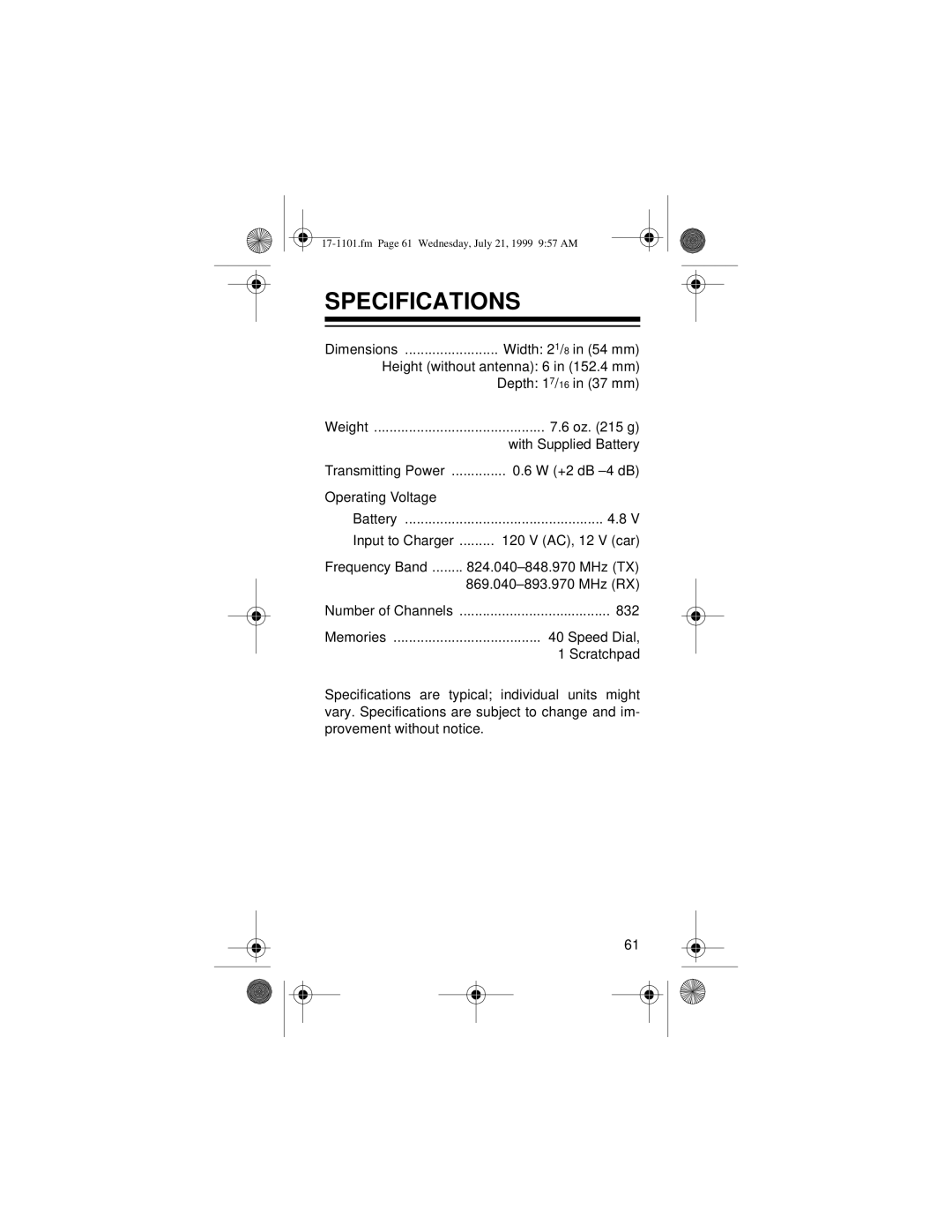 Radio Shack CT-400 owner manual Specifications 