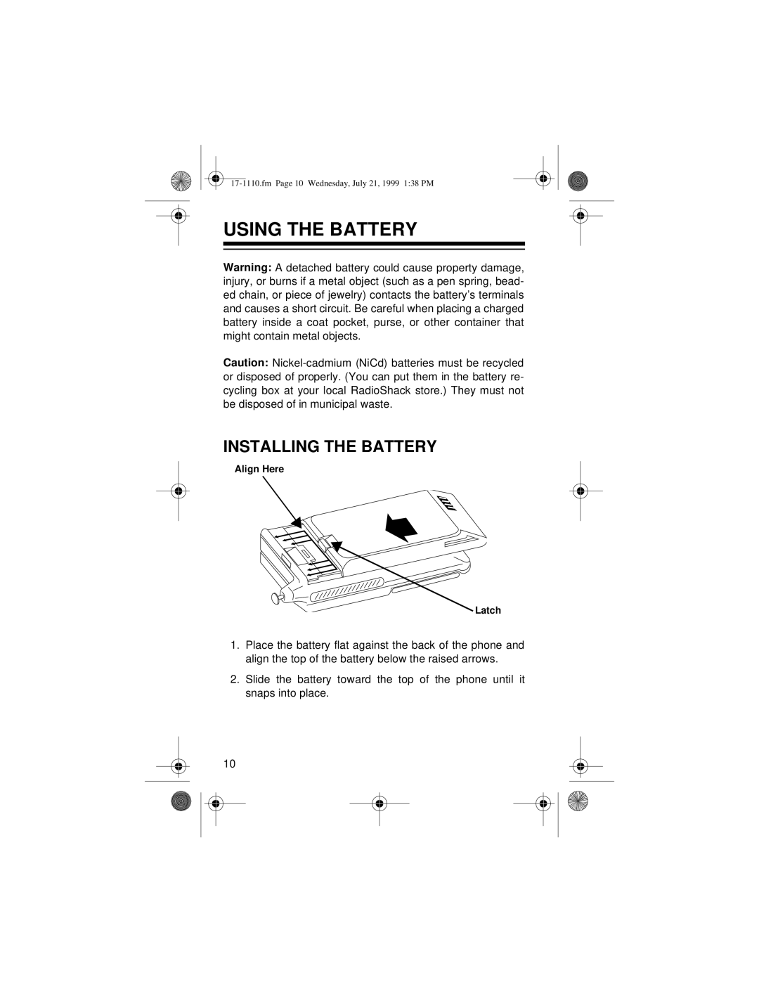 Radio Shack CT-501 owner manual Using the Battery, Installing the Battery 