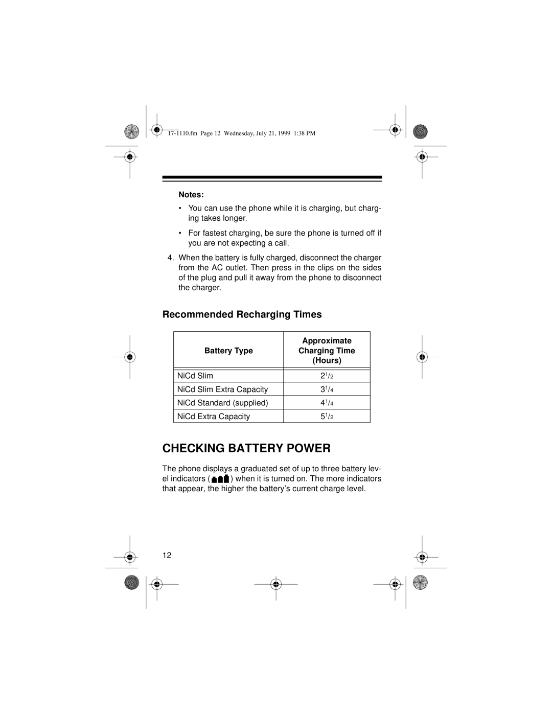 Radio Shack CT-501 Checking Battery Power, Recommended Recharging Times, Approximate, Battery Type Charging Time Hours 