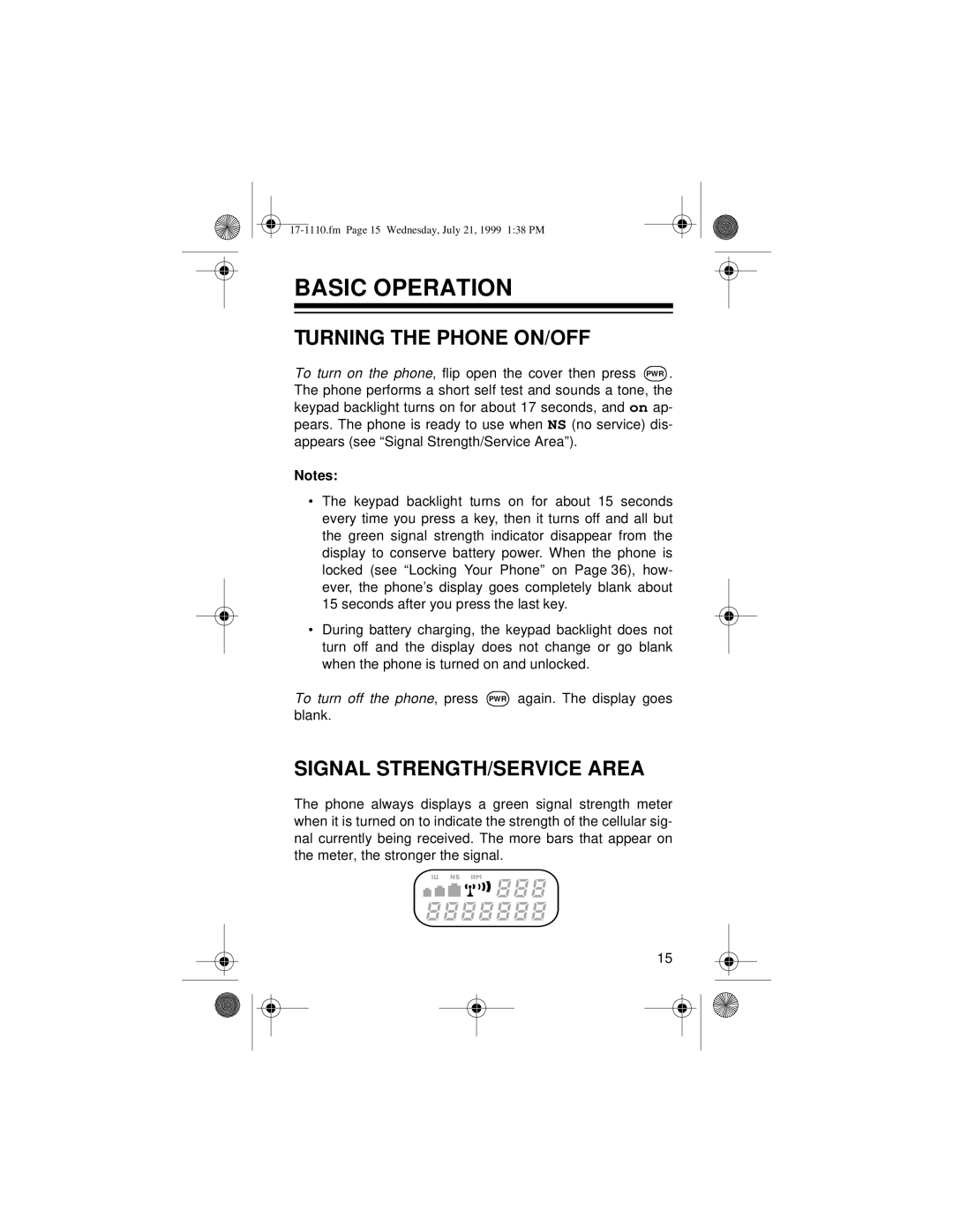 Radio Shack CT-501 owner manual Basic Operation, Turning the Phone ON/OFF, Signal STRENGTH/SERVICE Area 