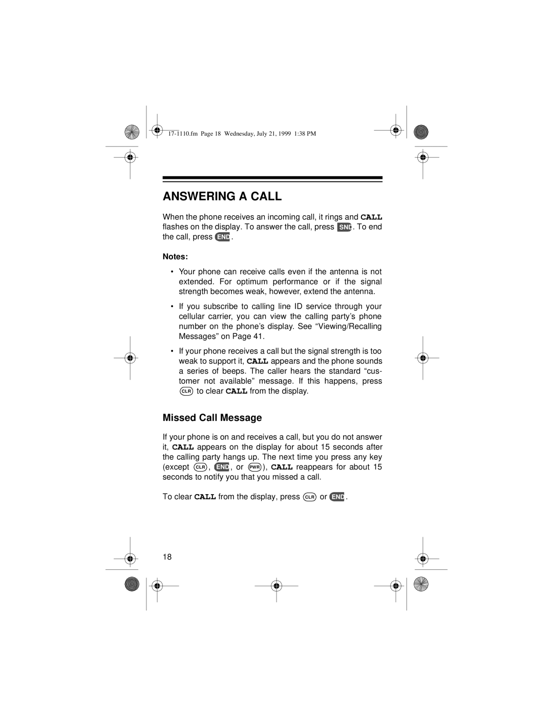 Radio Shack CT-501 owner manual Answering a Call, Missed Call Message 