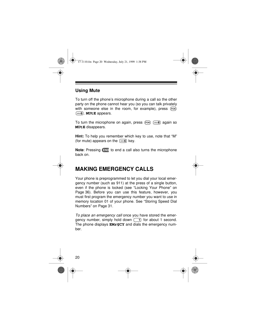 Radio Shack CT-501 owner manual Making Emergency Calls, Using Mute 