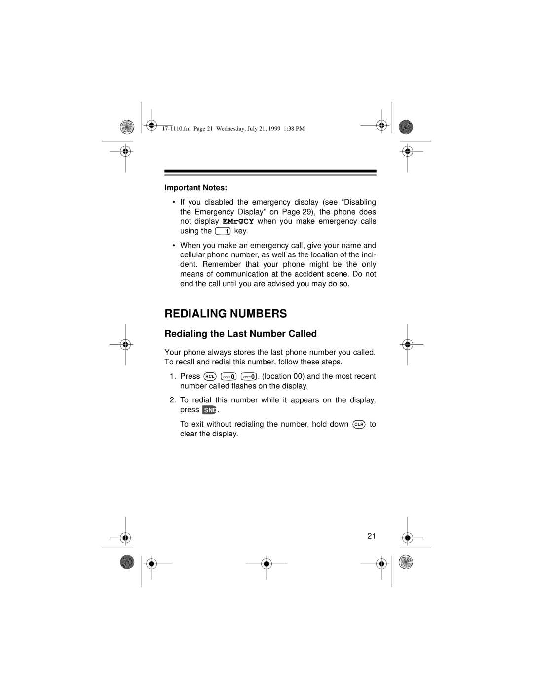 Radio Shack CT-501 owner manual Redialing Numbers, Redialing the Last Number Called, Important Notes 