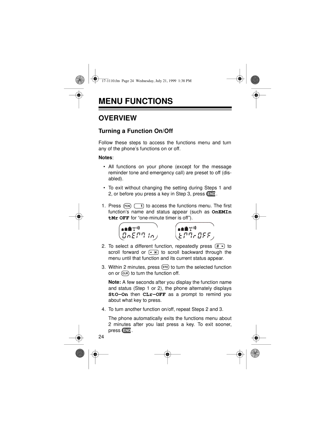 Radio Shack CT-501 owner manual Menu Functions, Overview, Turning a Function On/Off 