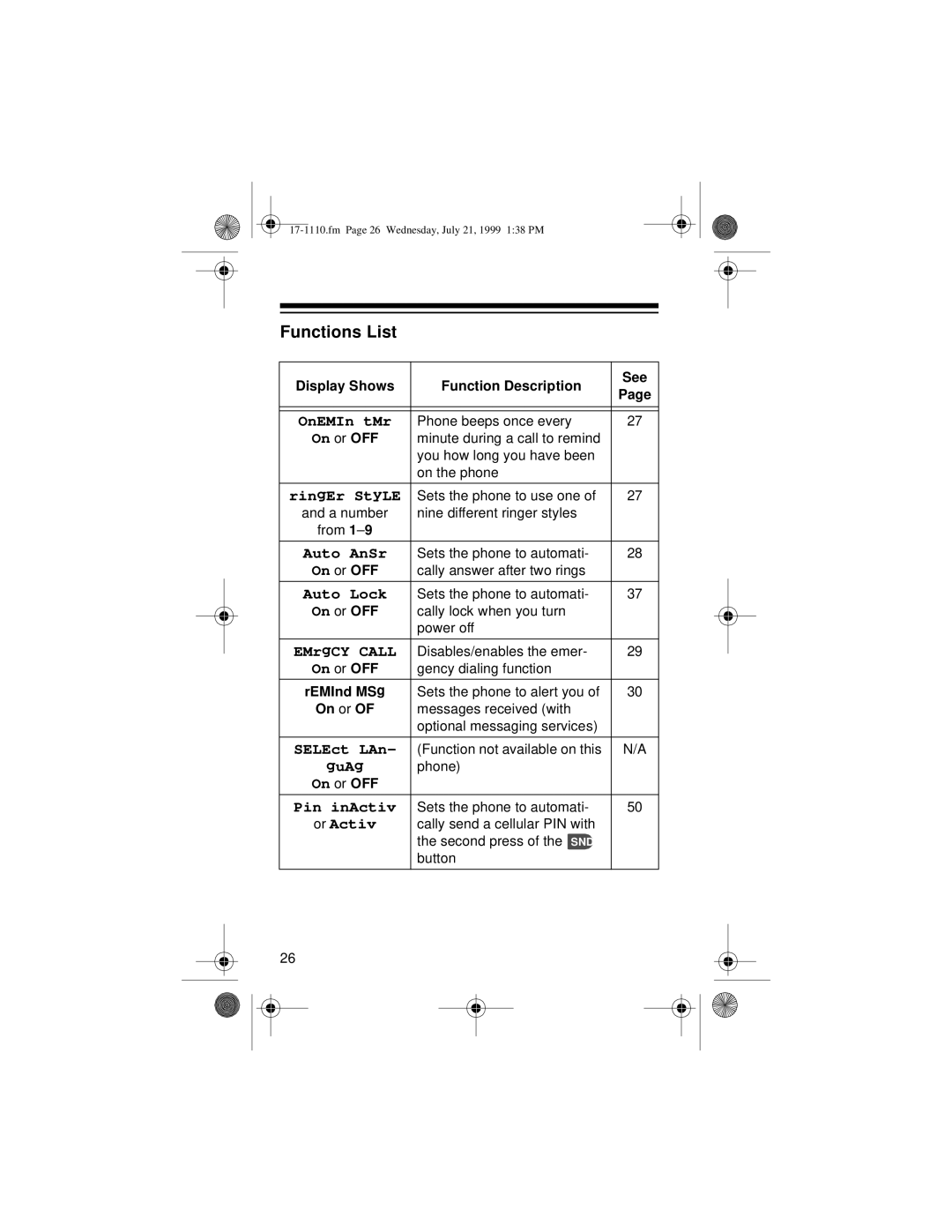 Radio Shack CT-501 owner manual Functions List, Display Shows Function Description See, REMInd MSg, On or 