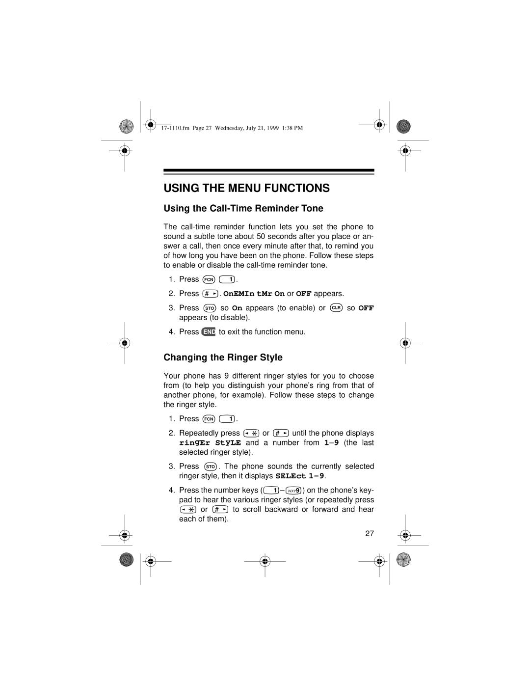 Radio Shack CT-501 owner manual Using the Menu Functions, Using the Call-Time Reminder Tone, Changing the Ringer Style 