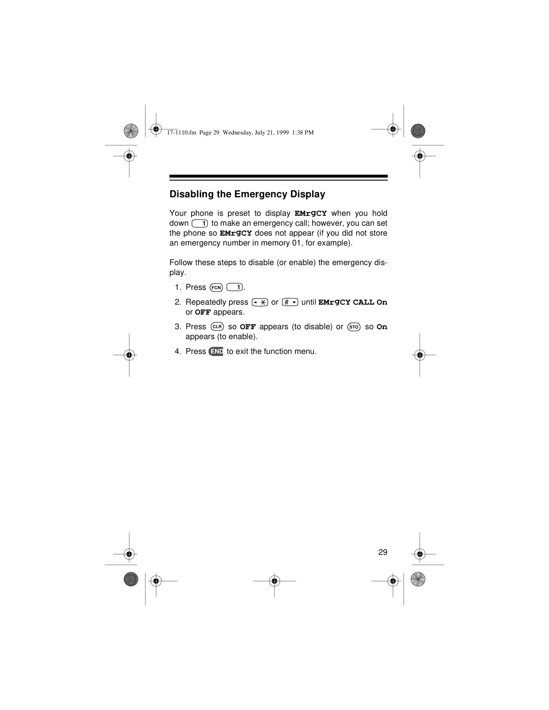 Radio Shack CT-501 owner manual Disabling the Emergency Display 