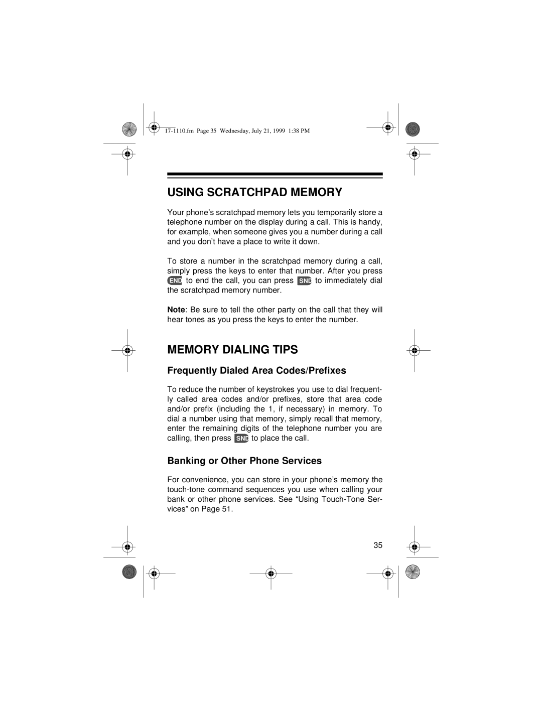 Radio Shack CT-501 owner manual Using Scratchpad Memory, Memory Dialing Tips, Frequently Dialed Area Codes/Prefixes 