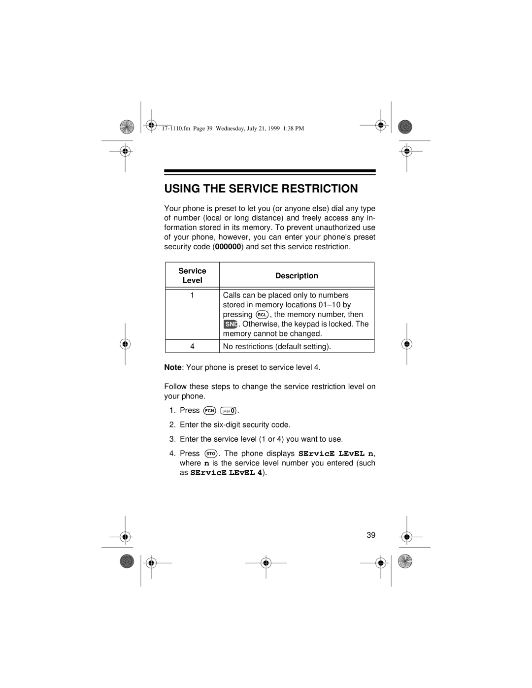 Radio Shack CT-501 owner manual Using the Service Restriction, Level 