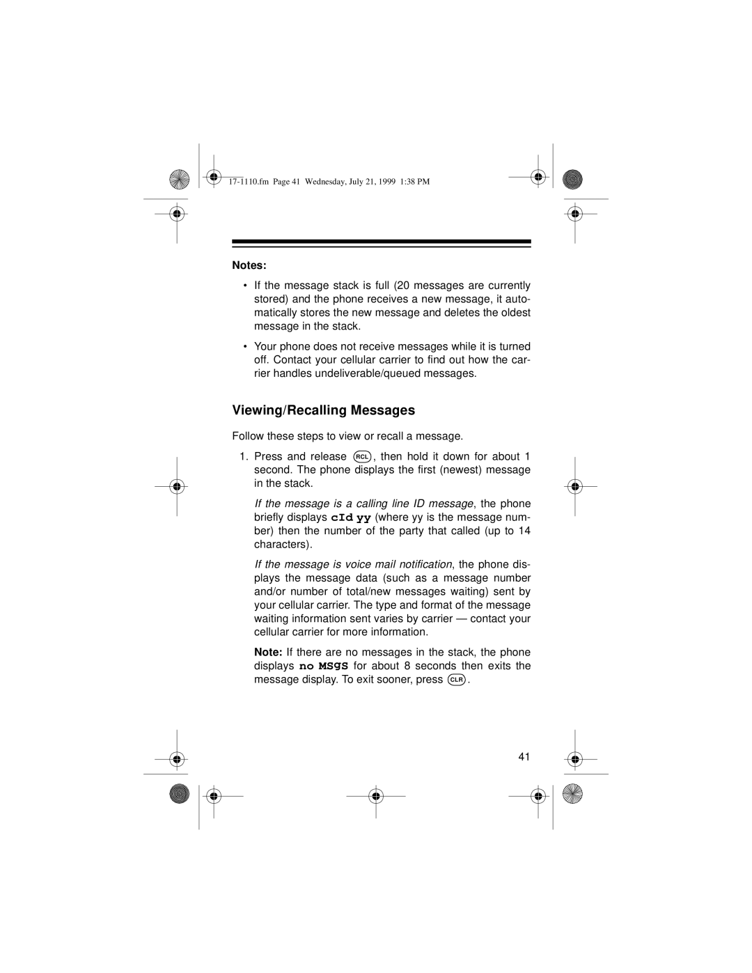 Radio Shack CT-501 owner manual Viewing/Recalling Messages 