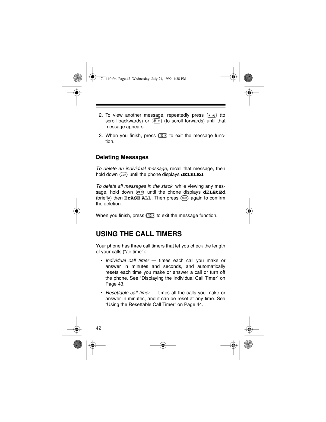 Radio Shack CT-501 owner manual Using the Call Timers, Deleting Messages 