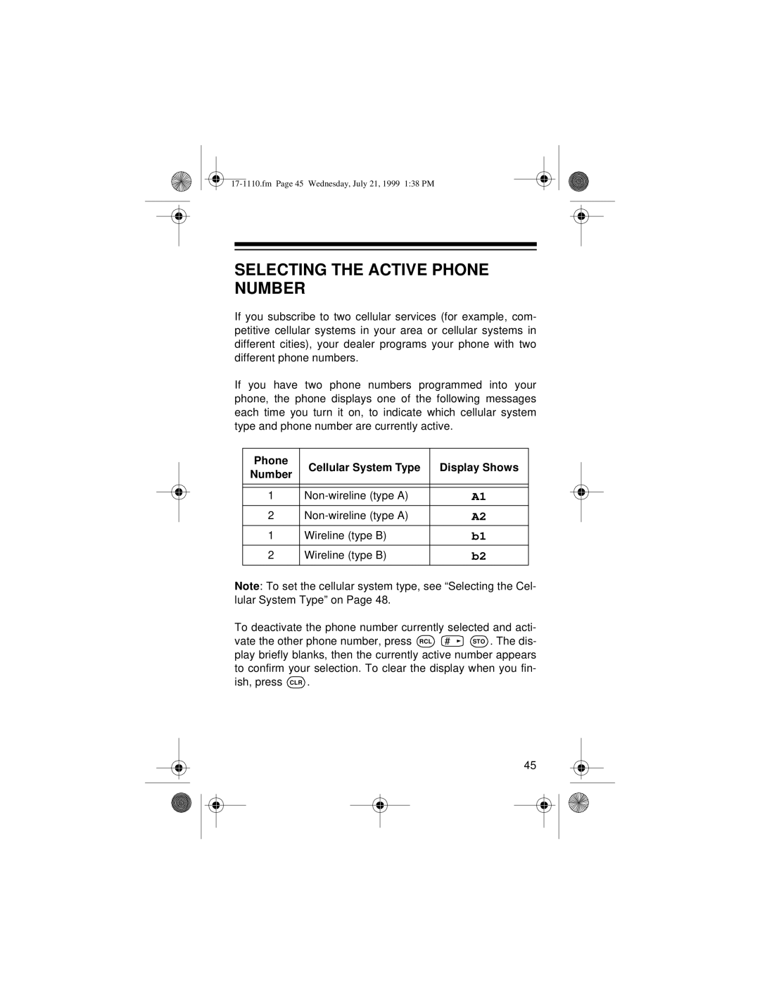 Radio Shack CT-501 owner manual Selecting the Active Phone Number, Phone Cellular System Type Display Shows Number 