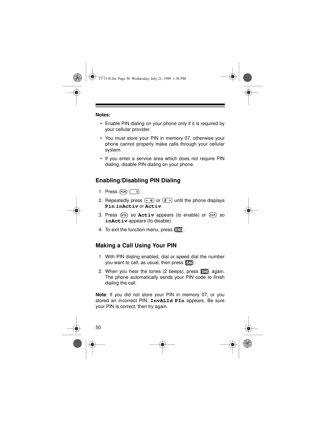 Radio Shack CT-501 owner manual Enabling/Disabling PIN Dialing, Making a Call Using Your PIN 