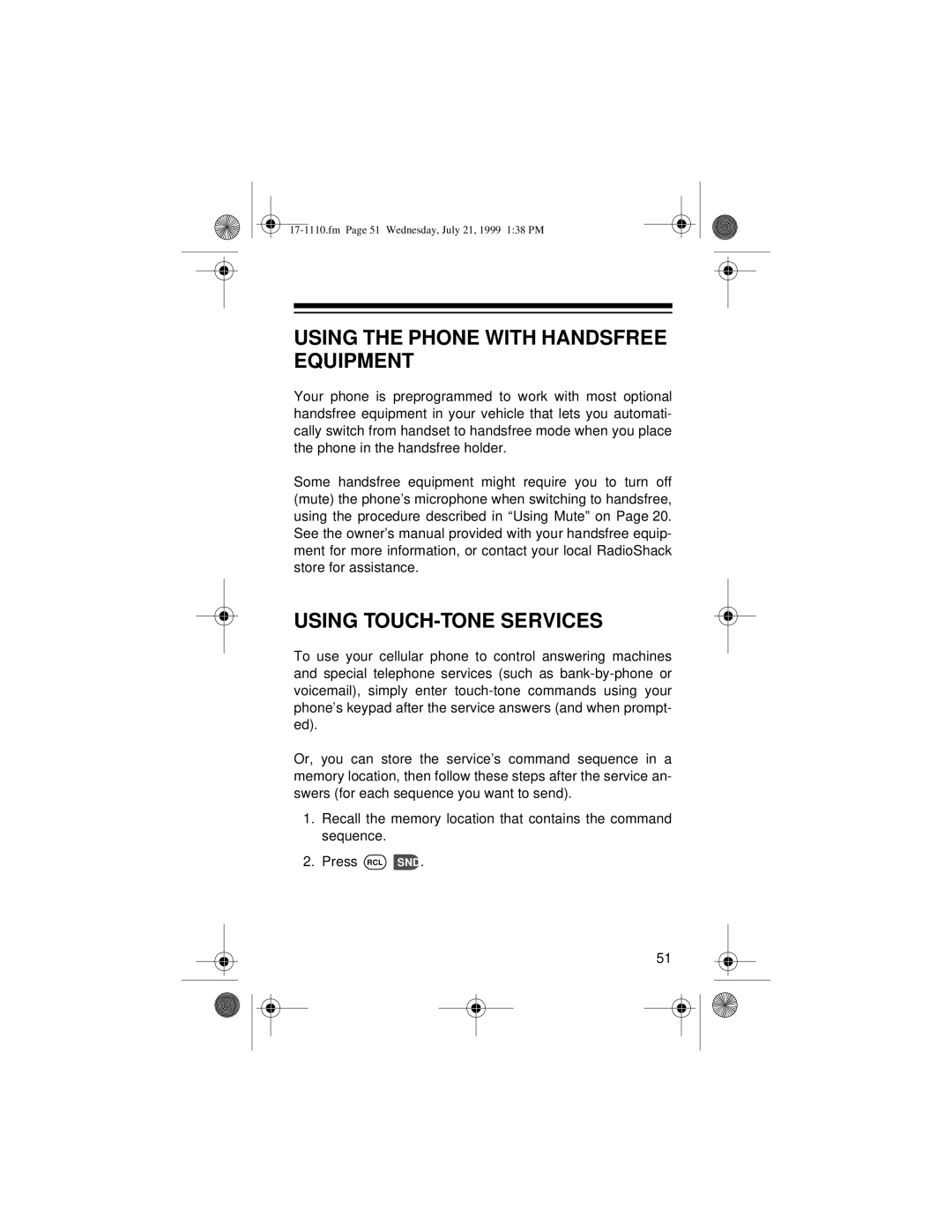 Radio Shack CT-501 owner manual Using the Phone with Handsfree Equipment, Using TOUCH-TONE Services 