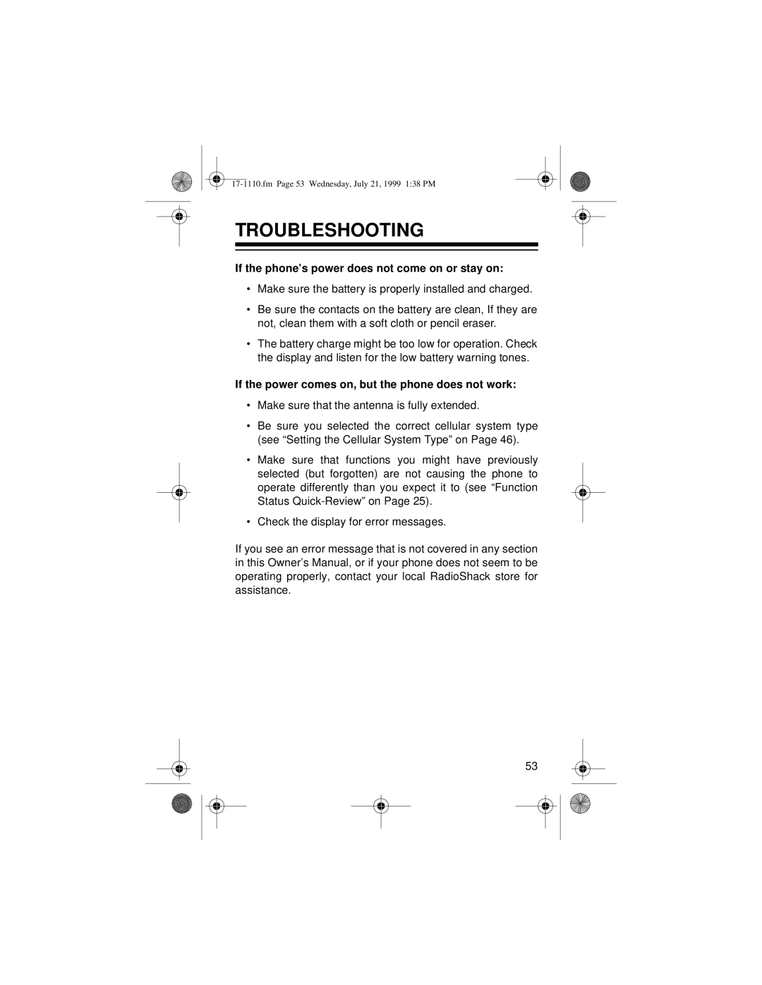 Radio Shack CT-501 owner manual Troubleshooting, If the phone’s power does not come on or stay on 