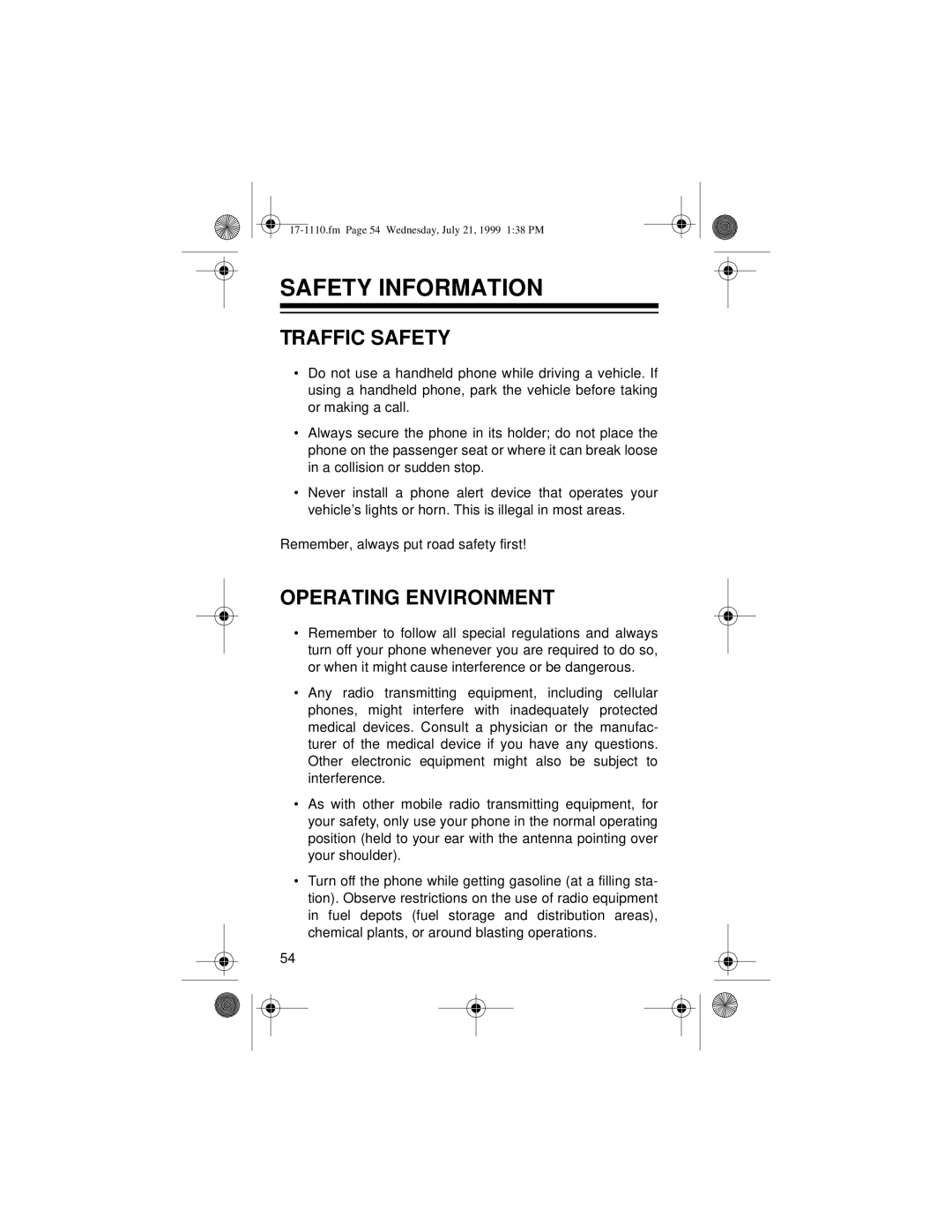 Radio Shack CT-501 owner manual Safety Information, Traffic Safety, Operating Environment 