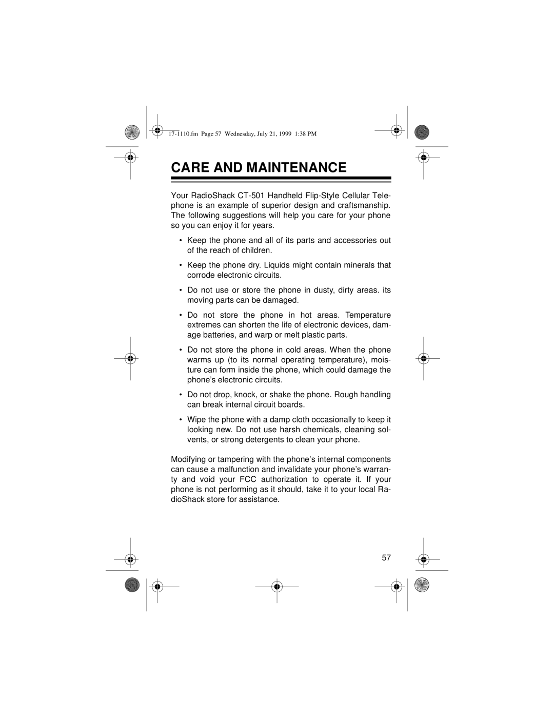 Radio Shack CT-501 owner manual Care and Maintenance 