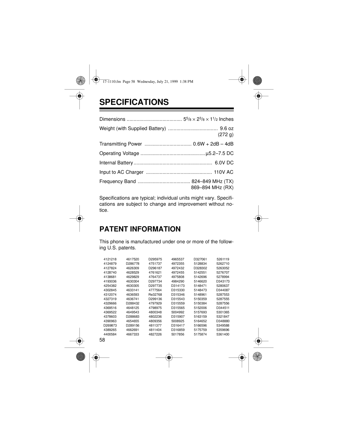 Radio Shack CT-501 owner manual Specifications, Patent Information 