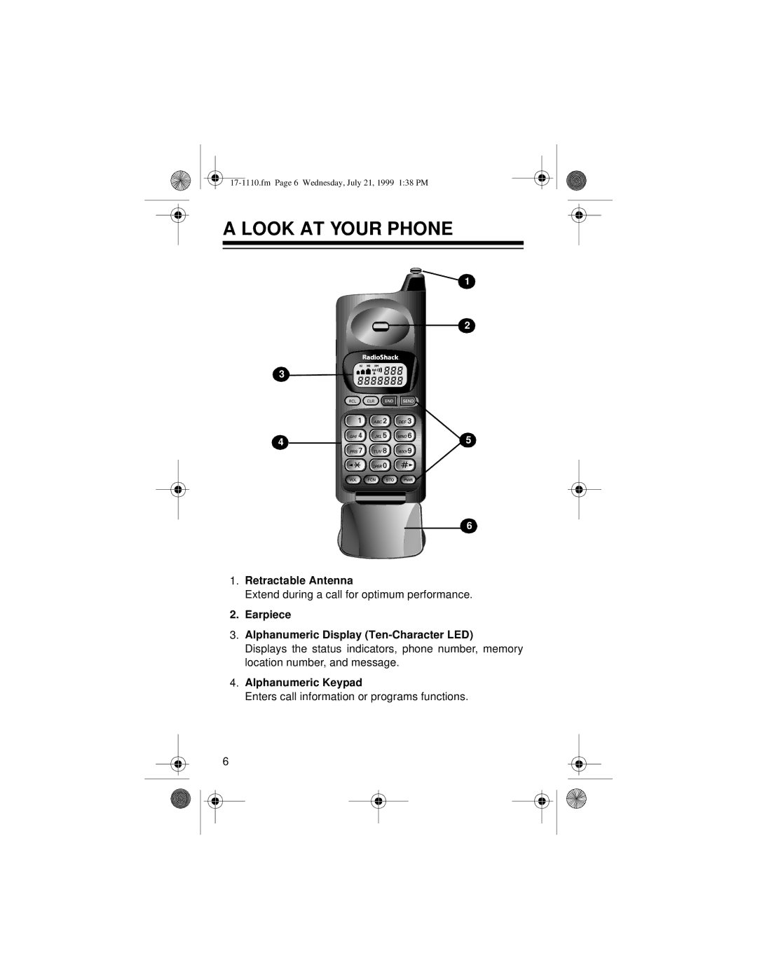 Radio Shack CT-501 owner manual Look AT Your Phone, Retractable Antenna, Earpiece Alphanumeric Display Ten-Character LED 