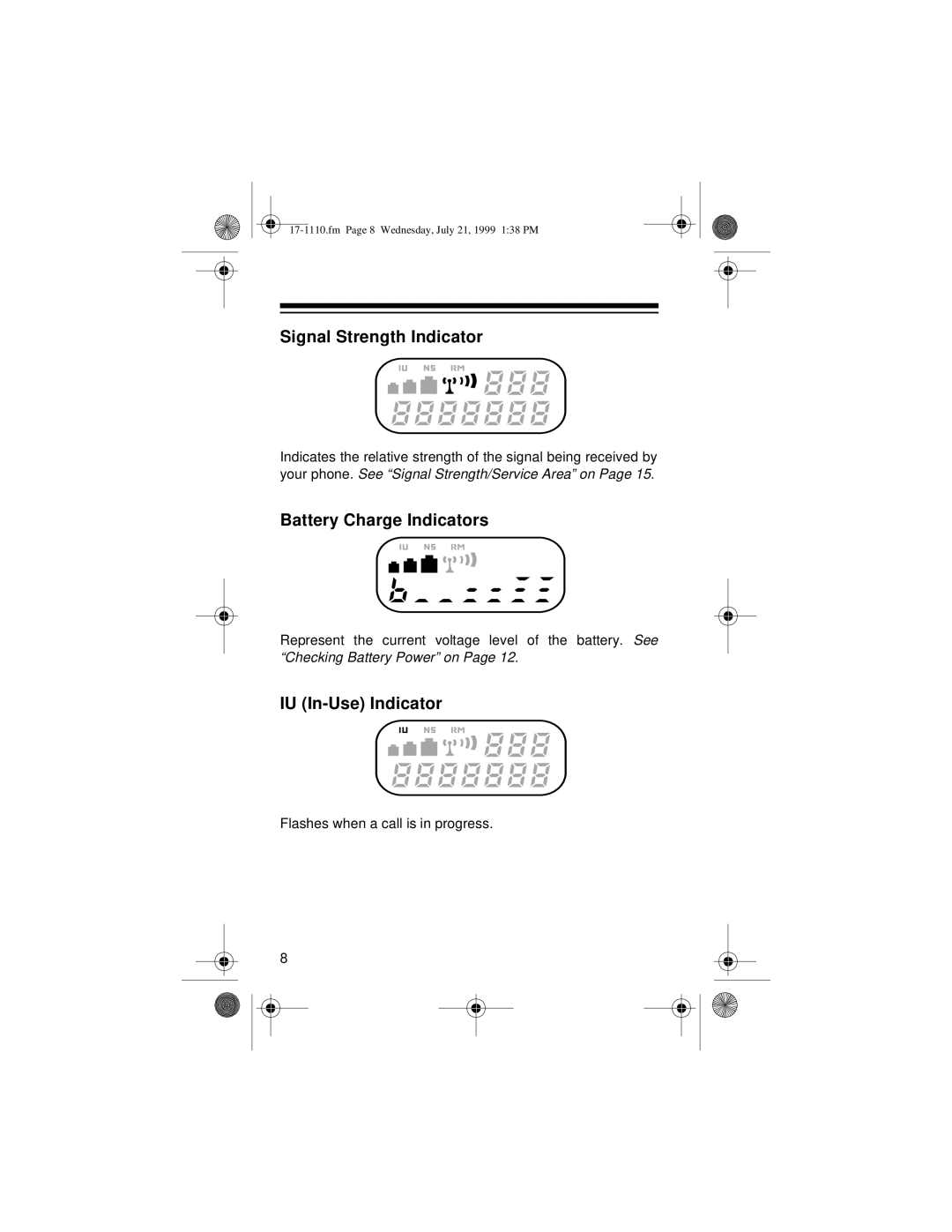 Radio Shack CT-501 owner manual Signal Strength Indicator, Battery Charge Indicators, IU In-Use Indicator 