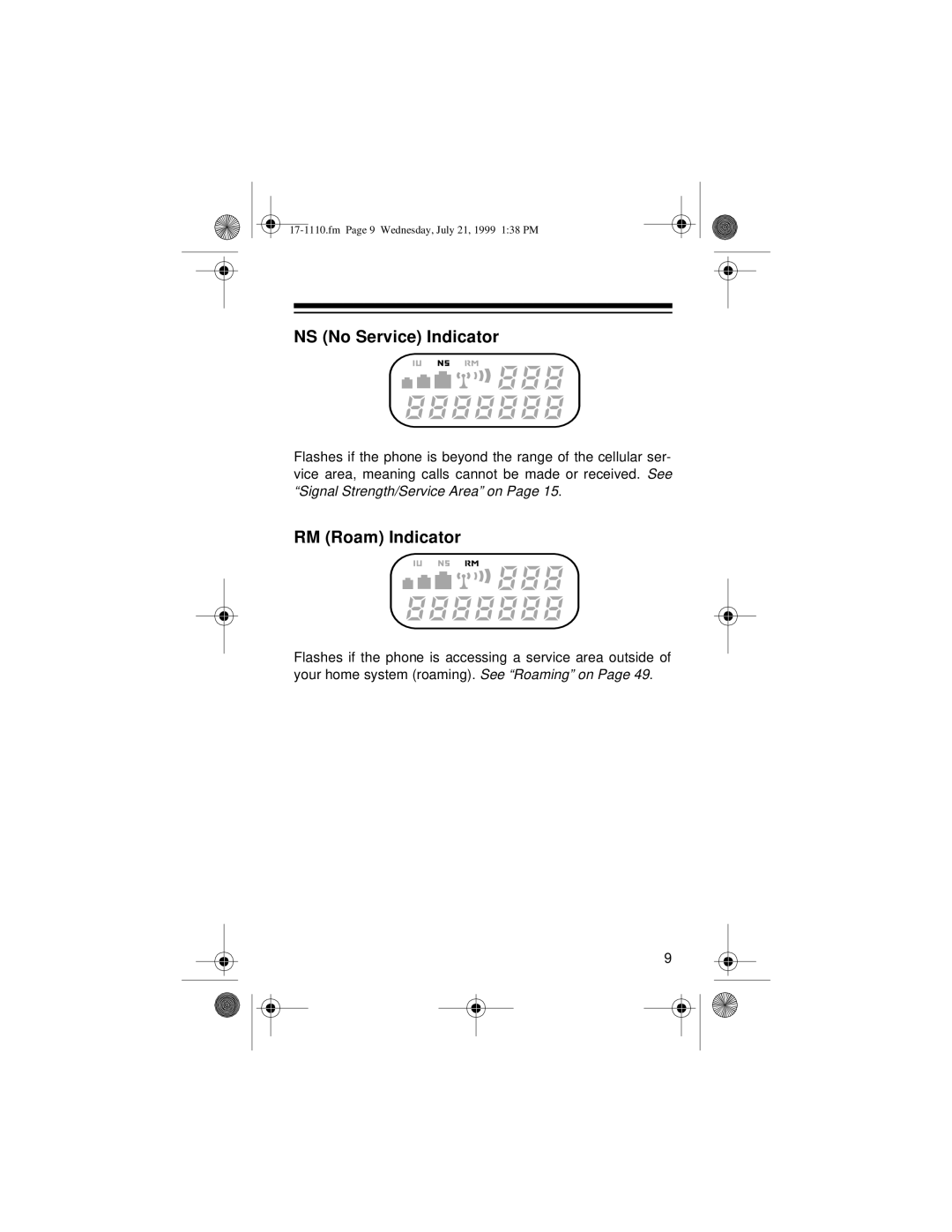 Radio Shack CT-501 owner manual NS No Service Indicator, RM Roam Indicator 