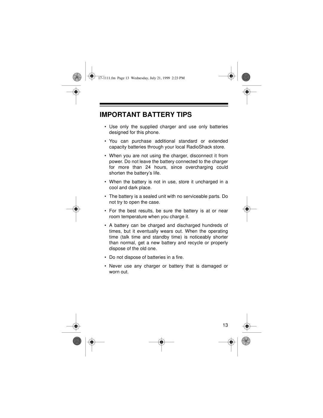 Radio Shack CT-502 owner manual Important Battery Tips 