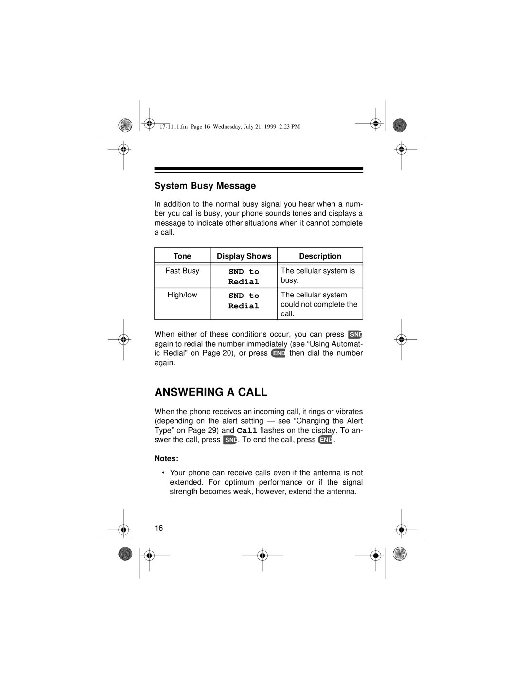 Radio Shack CT-502 owner manual Answering a Call, System Busy Message, Tone Display Shows Description 