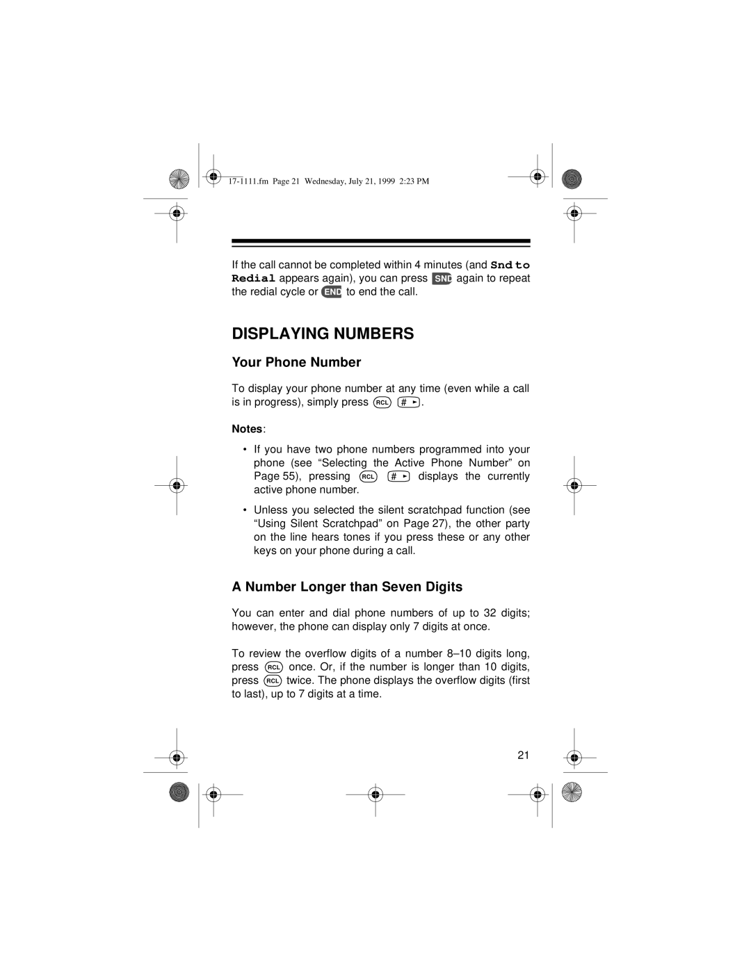 Radio Shack CT-502 owner manual Displaying Numbers, Your Phone Number, Number Longer than Seven Digits 