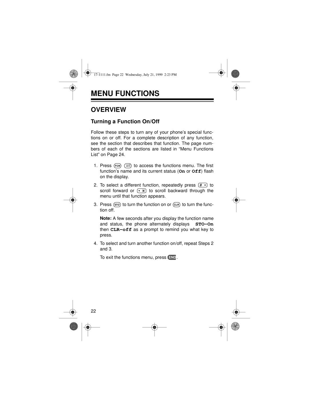 Radio Shack CT-502 owner manual Menu Functions, Overview, Turning a Function On/Off 