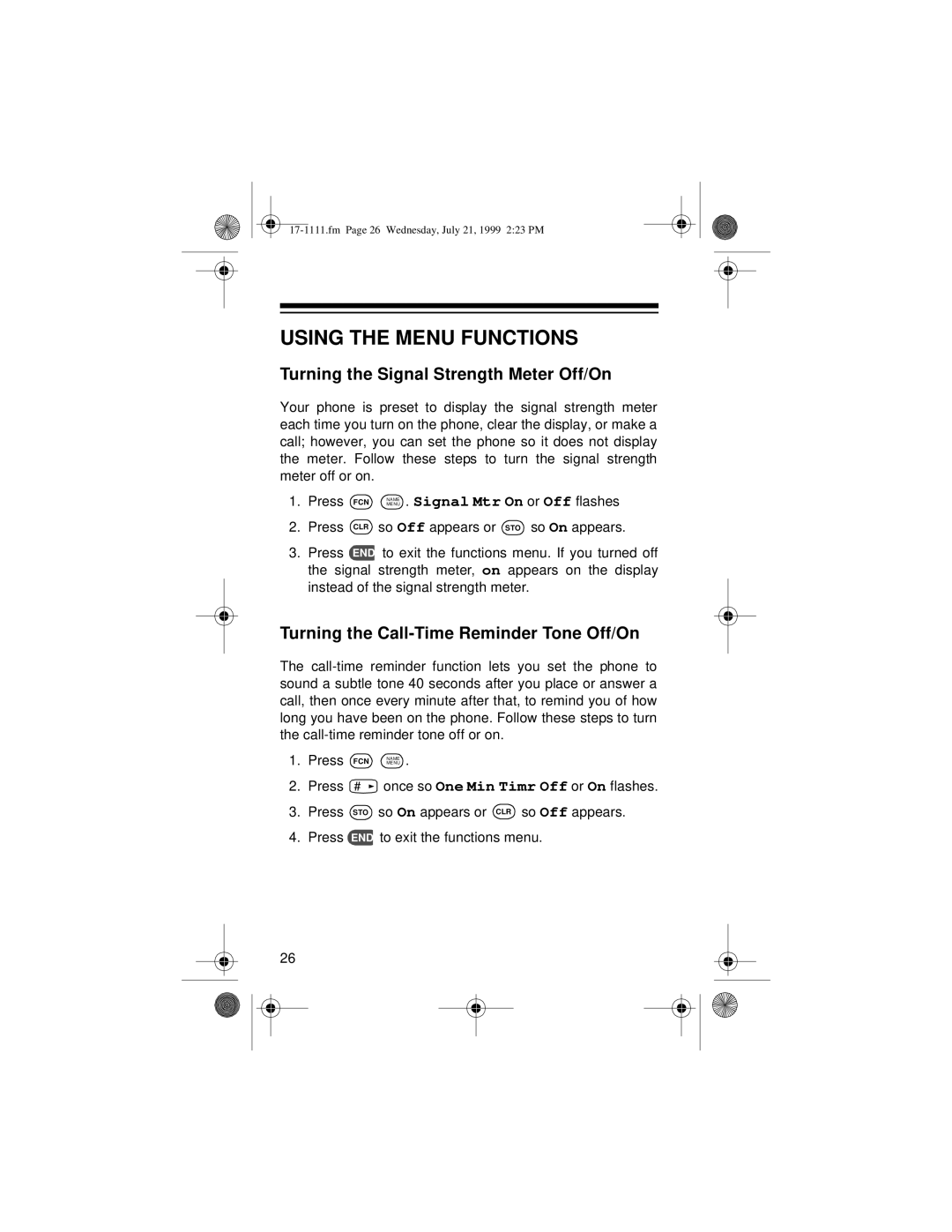 Radio Shack CT-502 owner manual Using the Menu Functions, Turning the Signal Strength Meter Off/On 