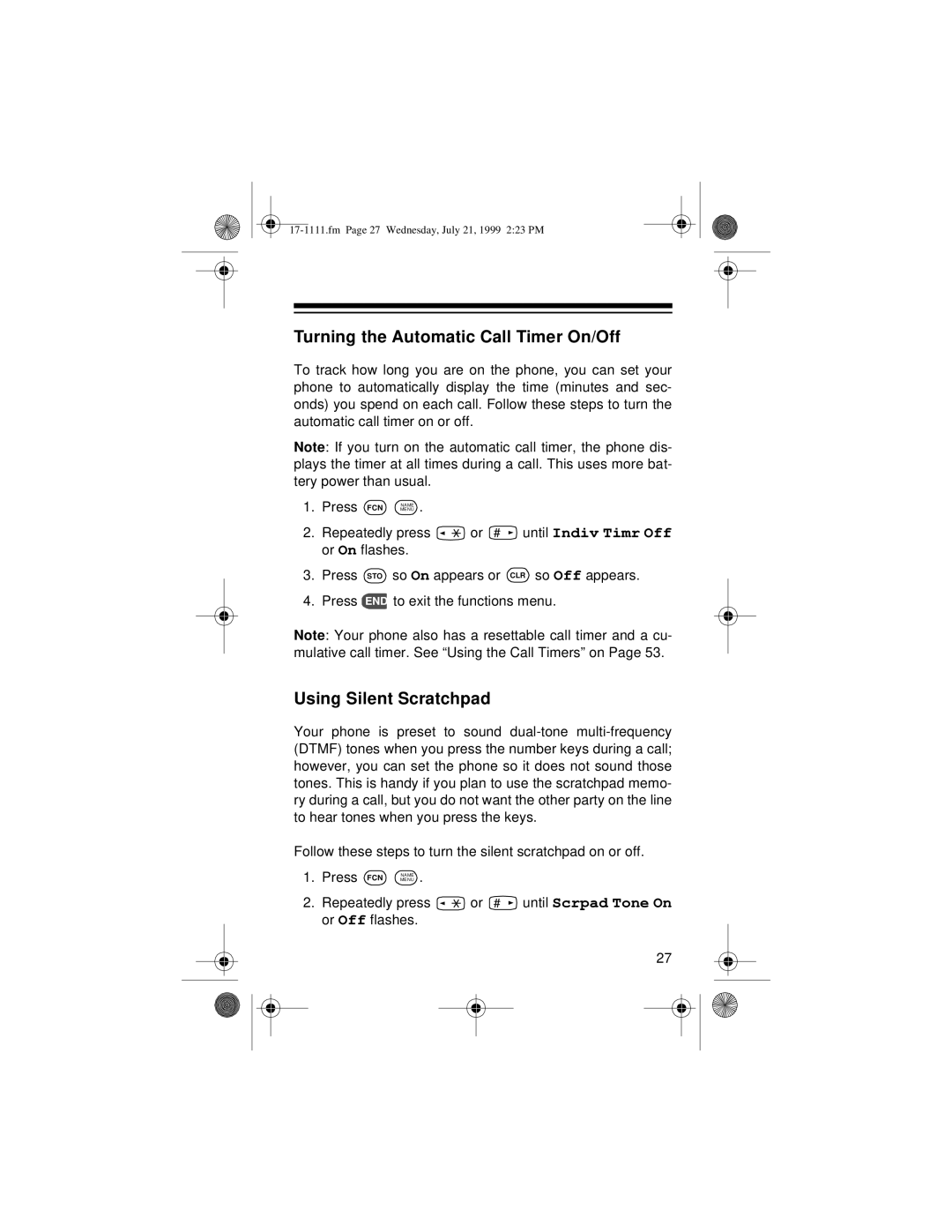 Radio Shack CT-502 owner manual Turning the Automatic Call Timer On/Off, Using Silent Scratchpad 