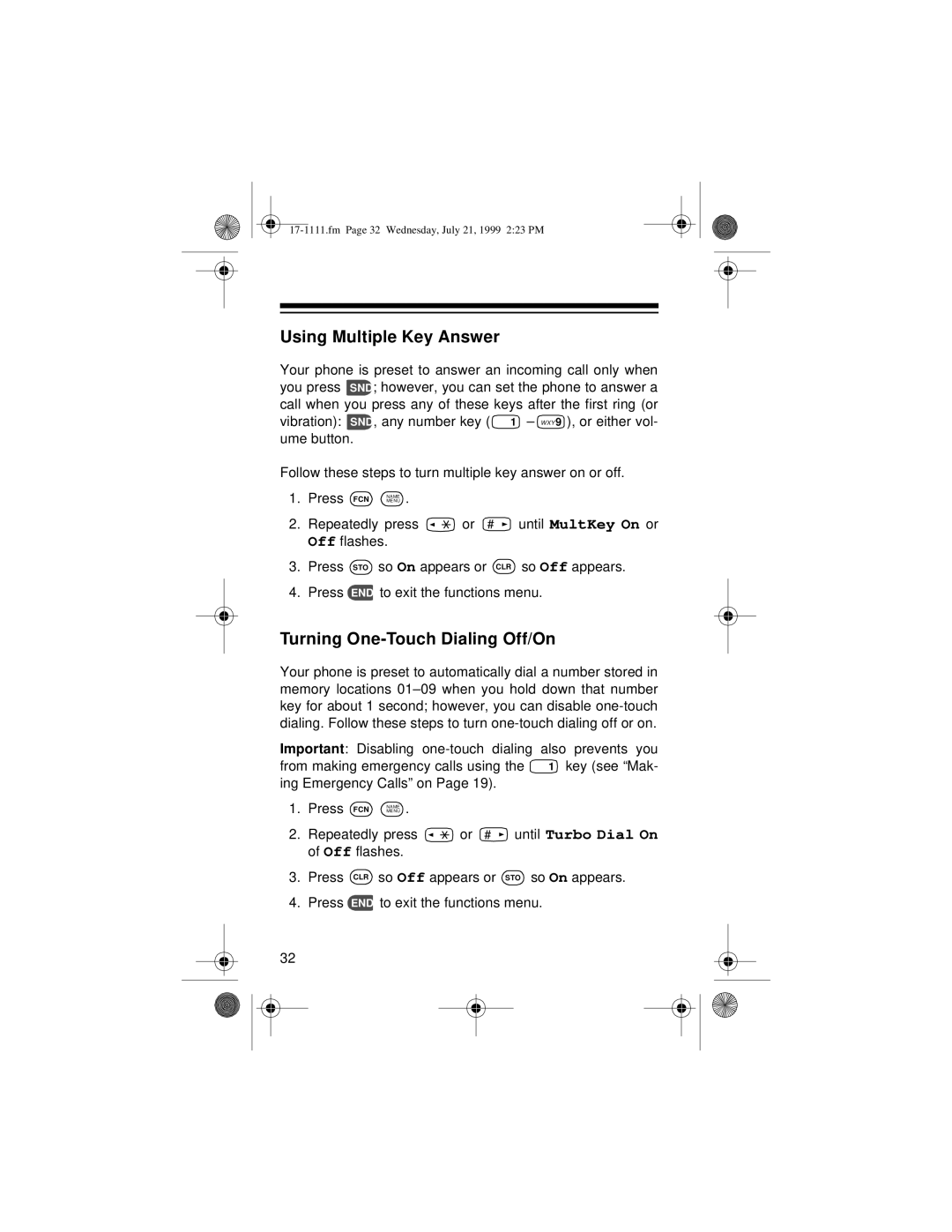 Radio Shack CT-502 owner manual Using Multiple Key Answer, Turning One-Touch Dialing Off/On 