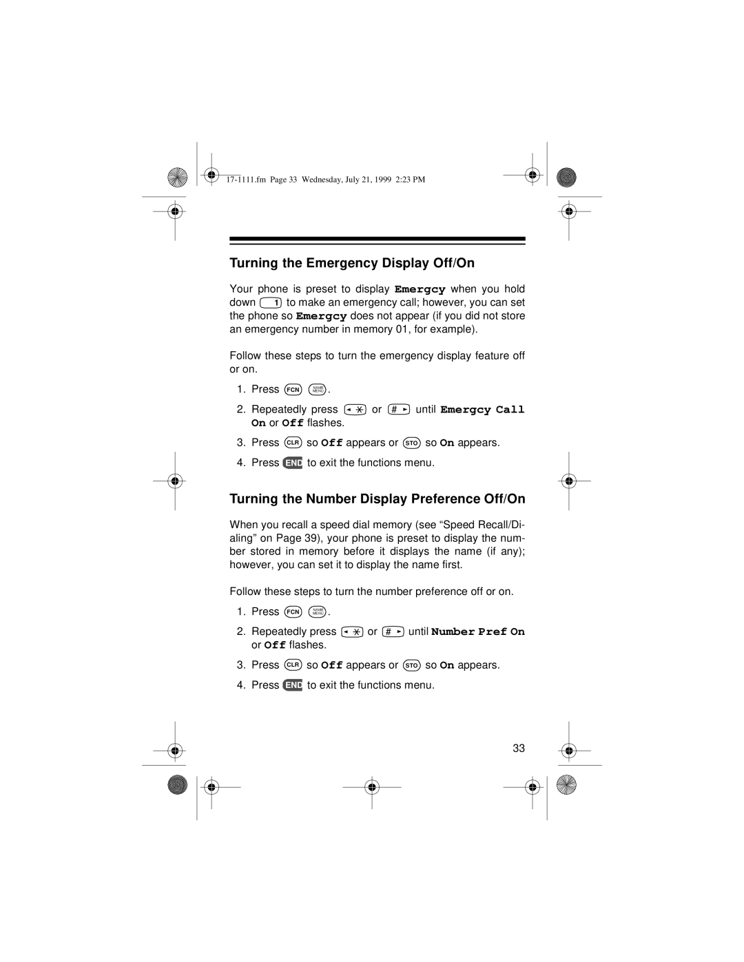 Radio Shack CT-502 owner manual Turning the Emergency Display Off/On, Turning the Number Display Preference Off/On 