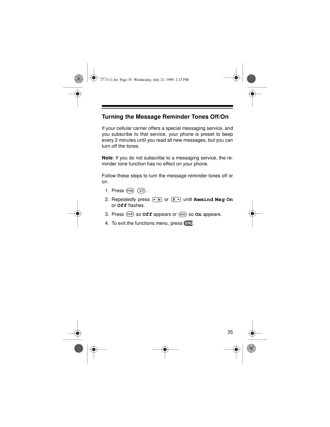 Radio Shack CT-502 owner manual Turning the Message Reminder Tones Off/On 