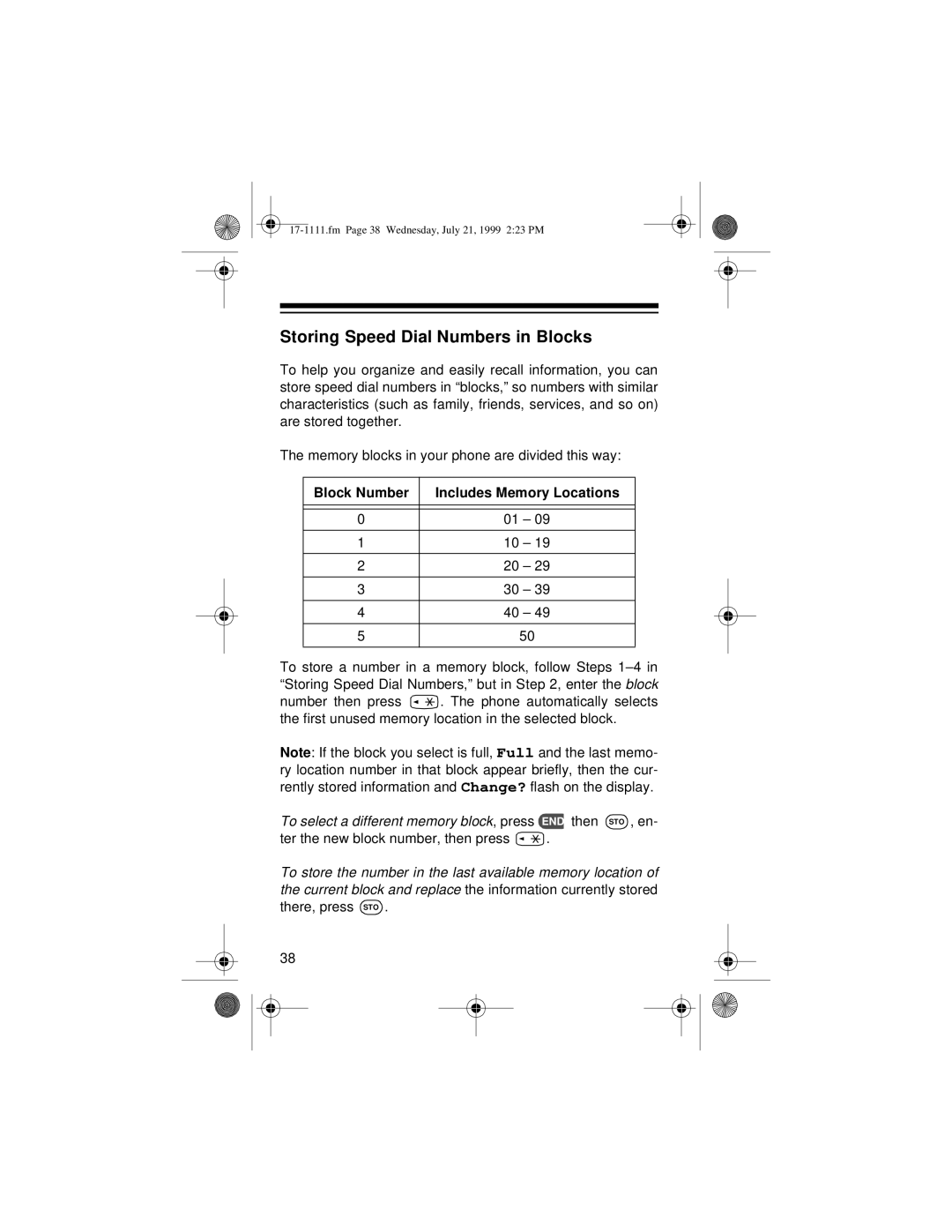 Radio Shack CT-502 owner manual Storing Speed Dial Numbers in Blocks, Block Number Includes Memory Locations 