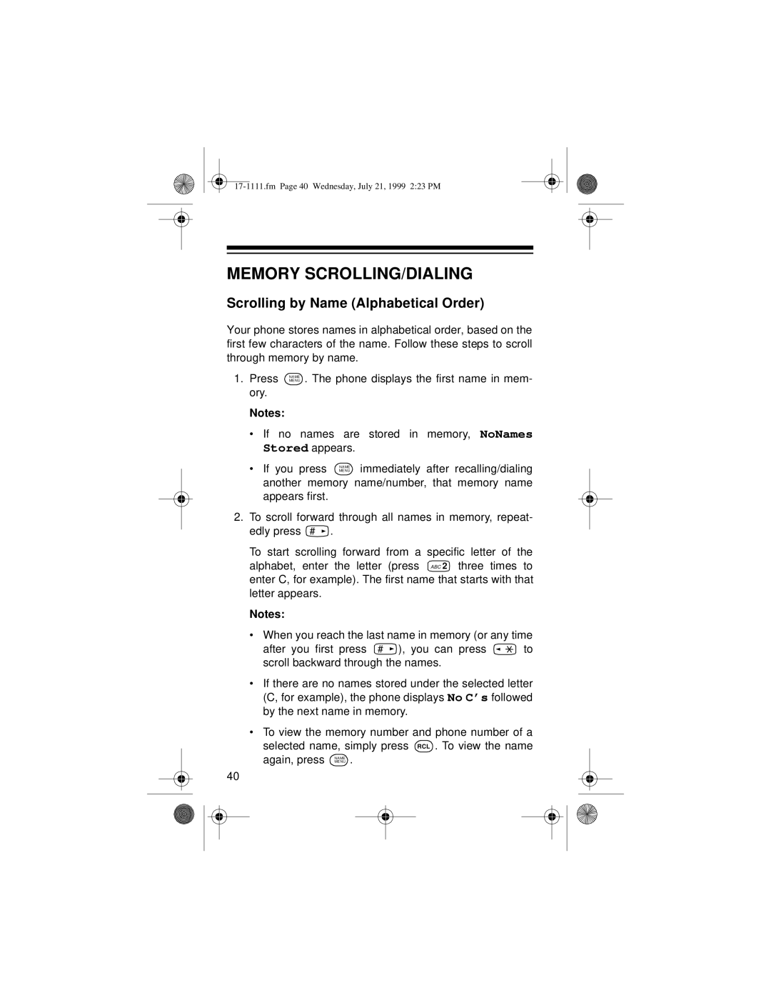 Radio Shack CT-502 owner manual Memory SCROLLING/DIALING, Scrolling by Name Alphabetical Order 