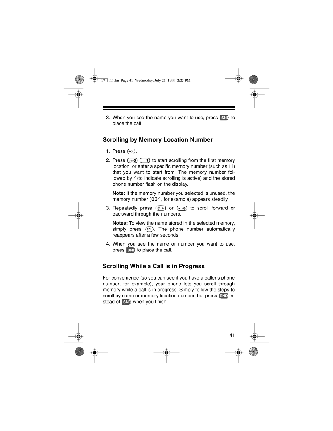 Radio Shack CT-502 owner manual Scrolling by Memory Location Number, Scrolling While a Call is in Progress 