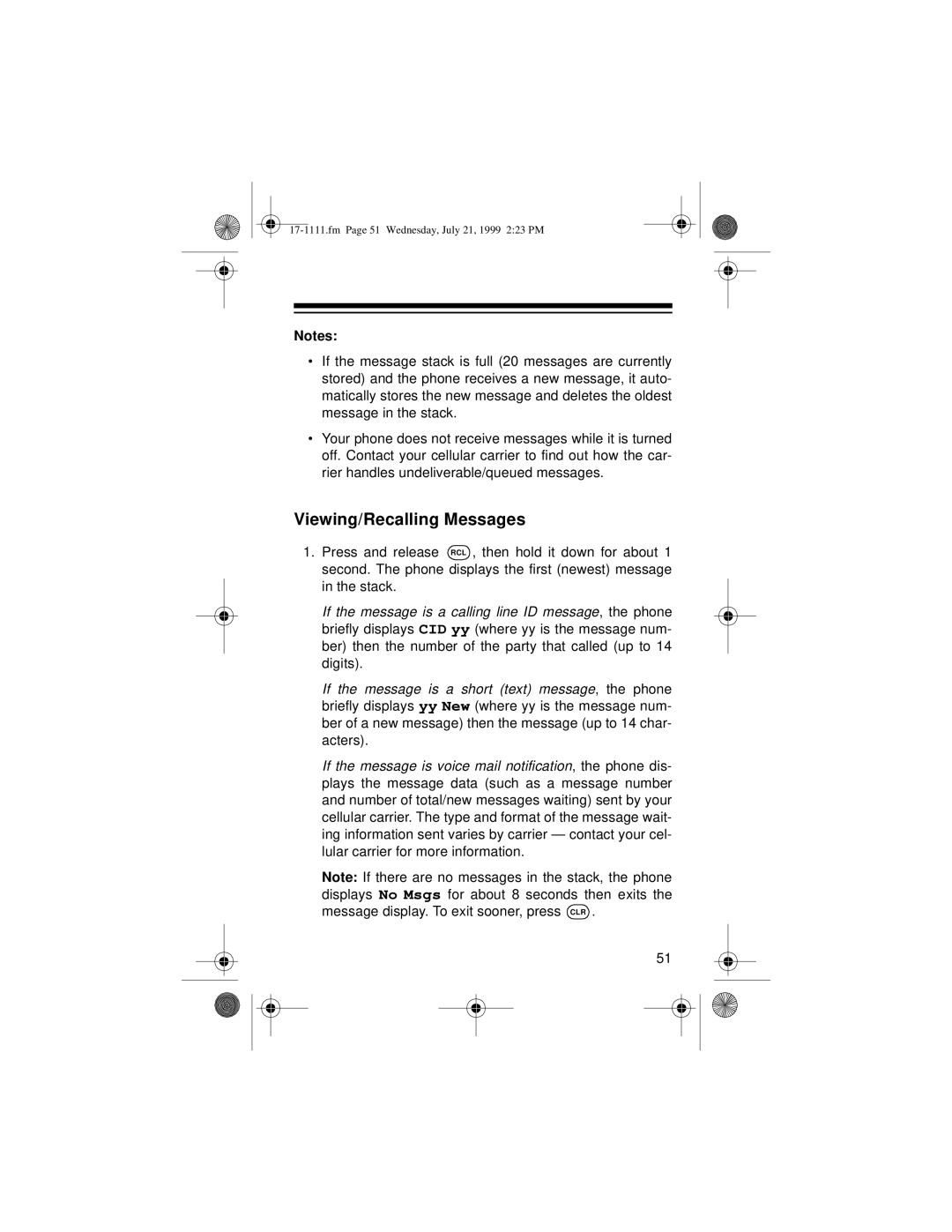 Radio Shack CT-502 owner manual Viewing/Recalling Messages 