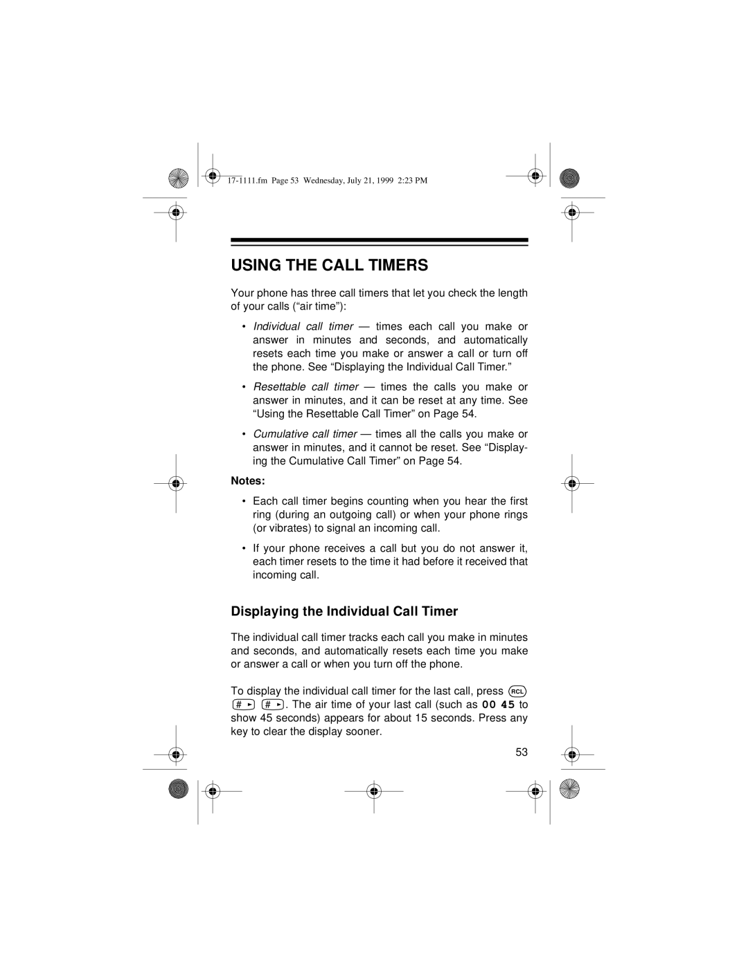 Radio Shack CT-502 owner manual Using the Call Timers, Displaying the Individual Call Timer 