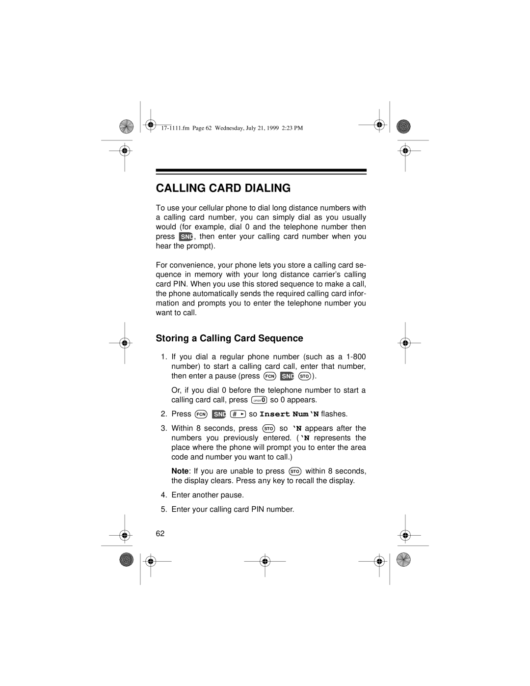 Radio Shack CT-502 owner manual Calling Card Dialing, Storing a Calling Card Sequence 