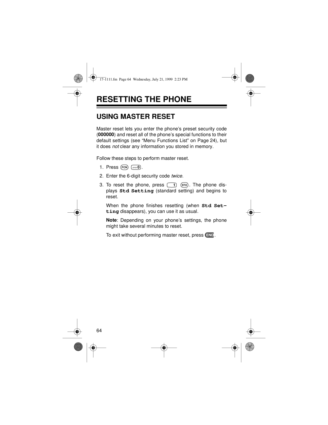 Radio Shack CT-502 owner manual Resetting the Phone, Using Master Reset 